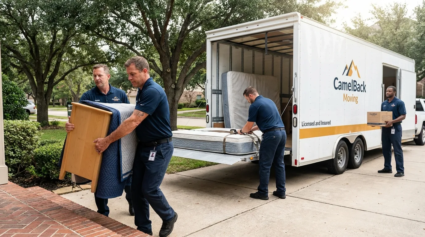 Crew loading residential truck for cross-state move from Hansen, ID