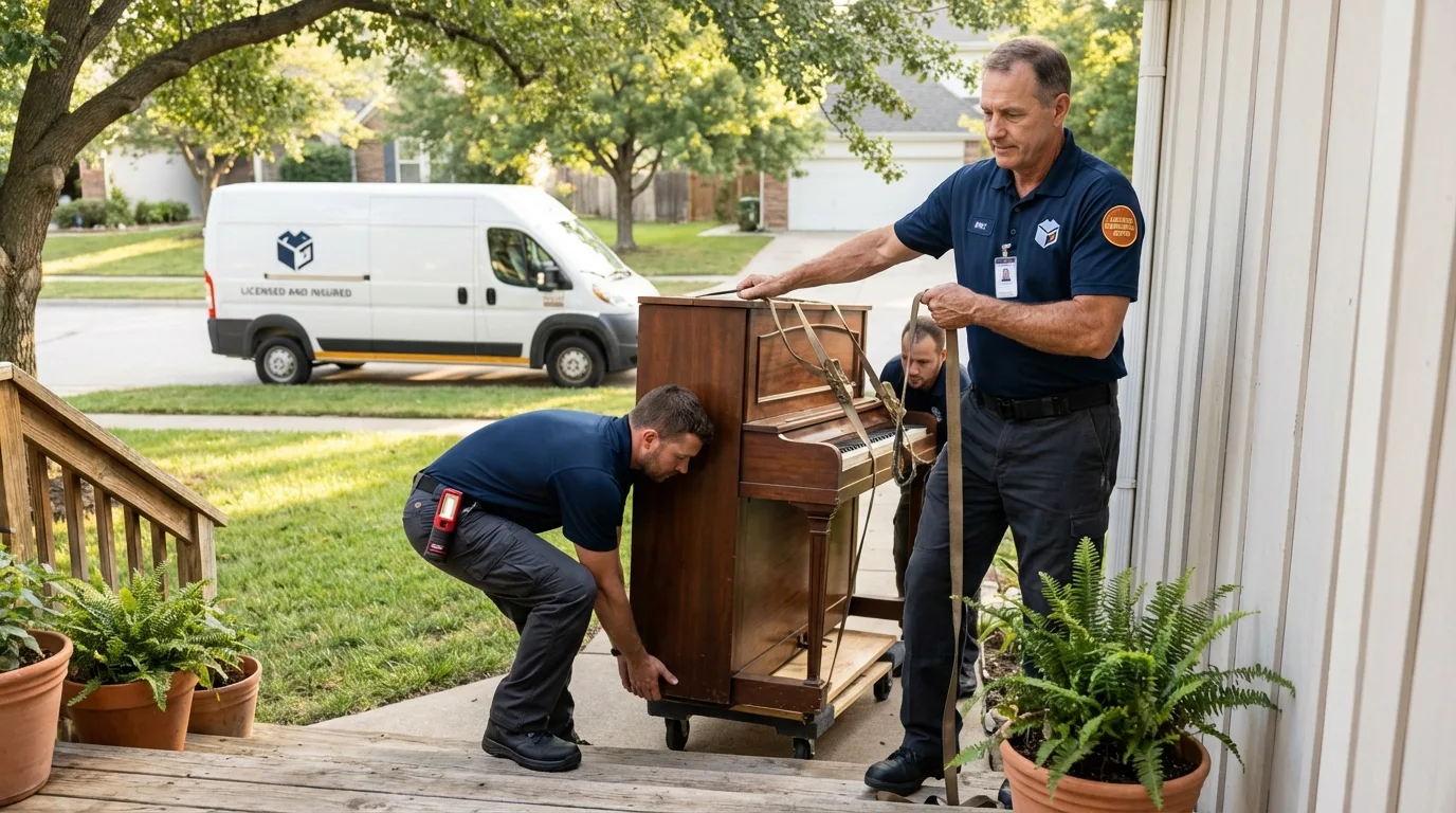 Licensed piano movers securing grand piano in Hansen, ID